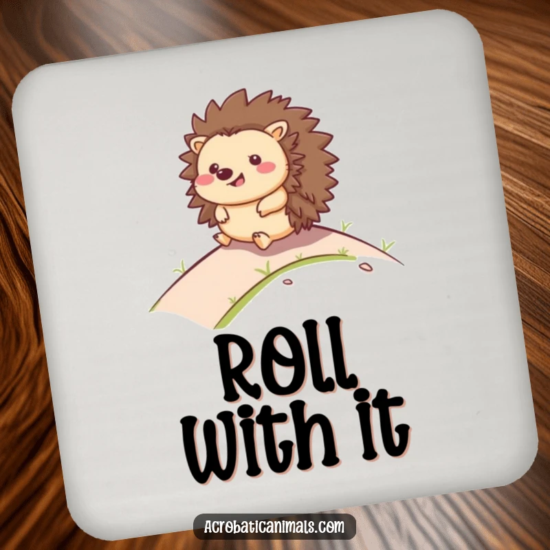 Funny coaster set featuring a happy hedgehog rolling down a hill with a smile, offering stylish and humorous protection.