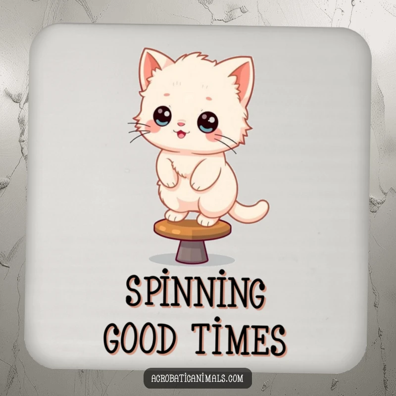 Funny Kitten Coasters: Features a fluffy kitten balancing on a spinning beam, adding playful charm to your table.