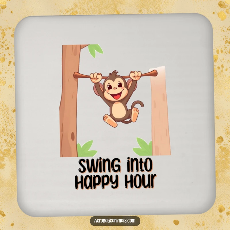 Funny coaster featuring an energetic monkey swinging, adding a playful and protective touch to tables. Excellent gift.