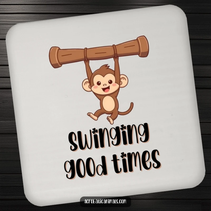 Funny monkey swinging coaster, showing a mischievous monkey swinging from a bar. Protects surfaces with humorous jungle flair.