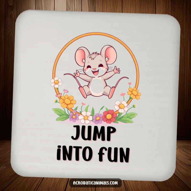 Funny mouse leaping coaster, showing a brave mouse jumping through a flower hoop. Protects surfaces with humorous floral and brave flair.