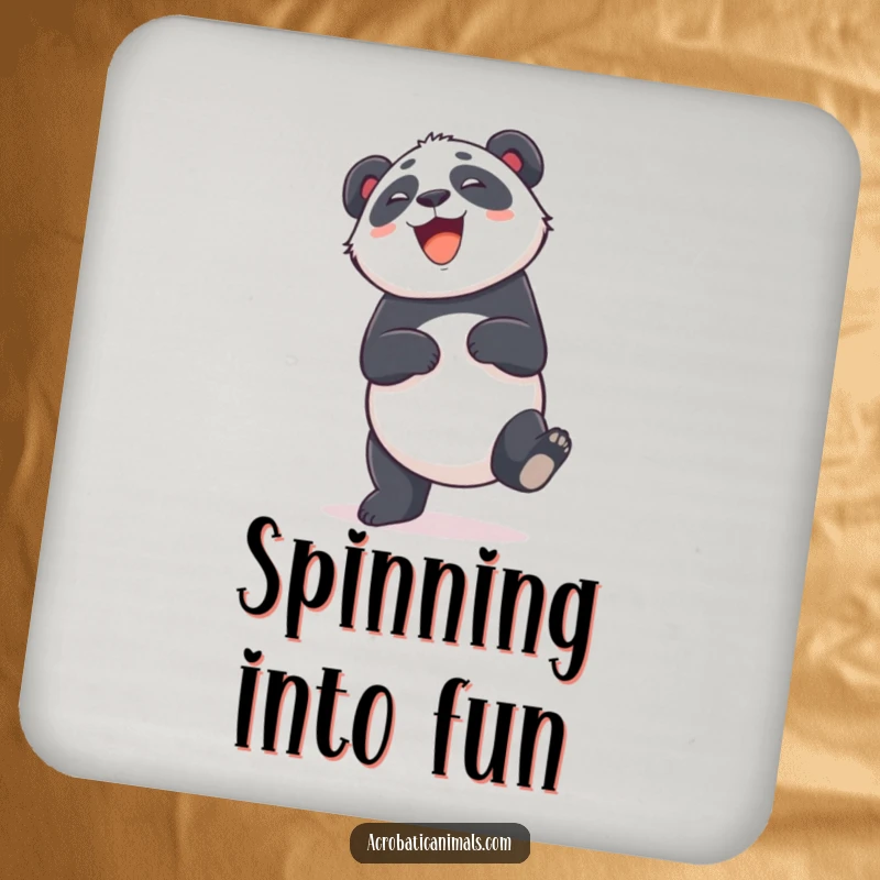 Funny coaster with a giggling panda doing a cartwheel, offering protection and playful charm to tables. Excellent gift.