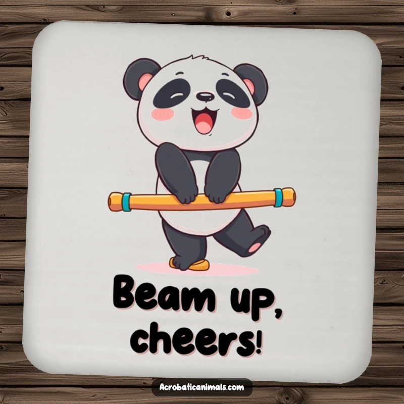 Funny panda bear coaster with a giggling bear balancing on a colorful exercise beam, protecting surfaces with humor, a great funny gift.