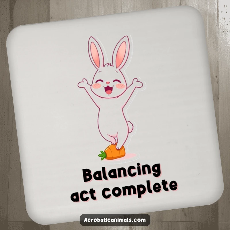 Funny drink coaster with a delighted rabbit character doing a handstand on a tiny carrot, adding a touch of humor to drinks.