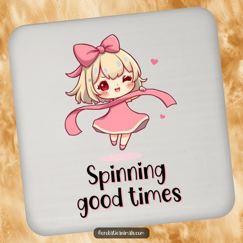 Funny Coasters: A cute character spinning a ribbon with carefree delight, adding a touch of whimsy to tables.