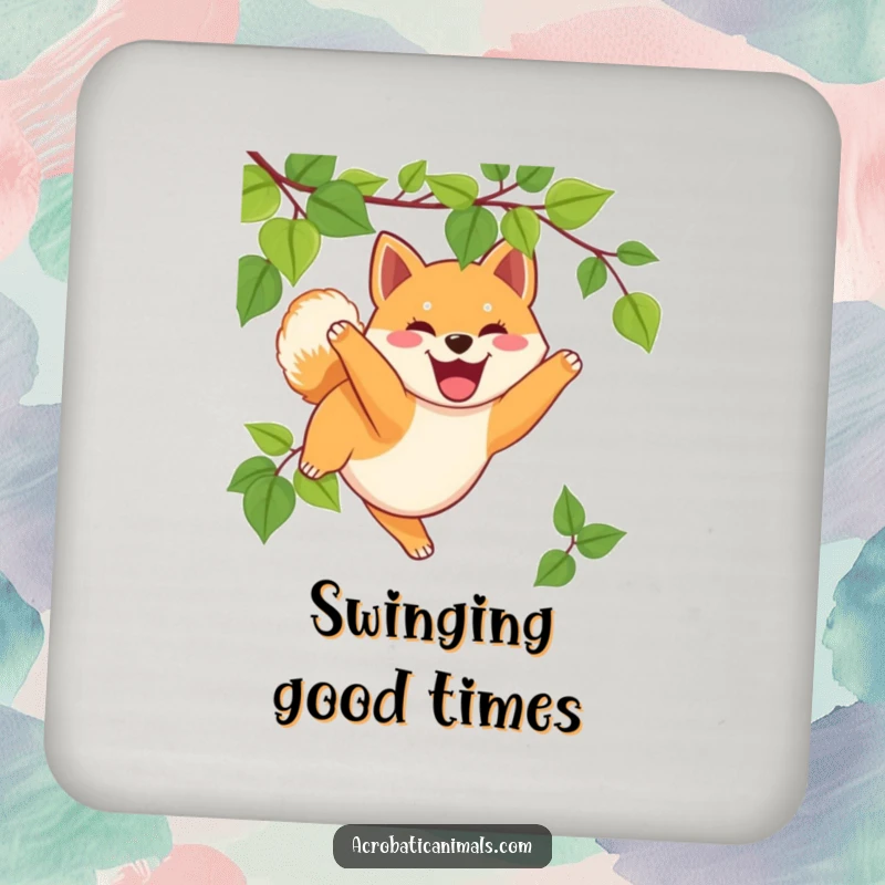 Funny Shiba Inu coaster with a happy puppy swinging on a vine, protecting surfaces with humor, a great funny gift.