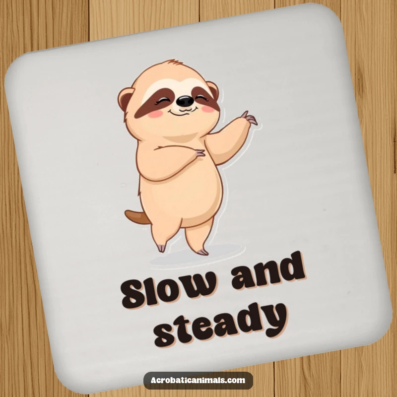 Funny sloth ballet coaster, showing a contented sloth in a graceful ballet pose. Protects surfaces with humorous, tranquil charm.