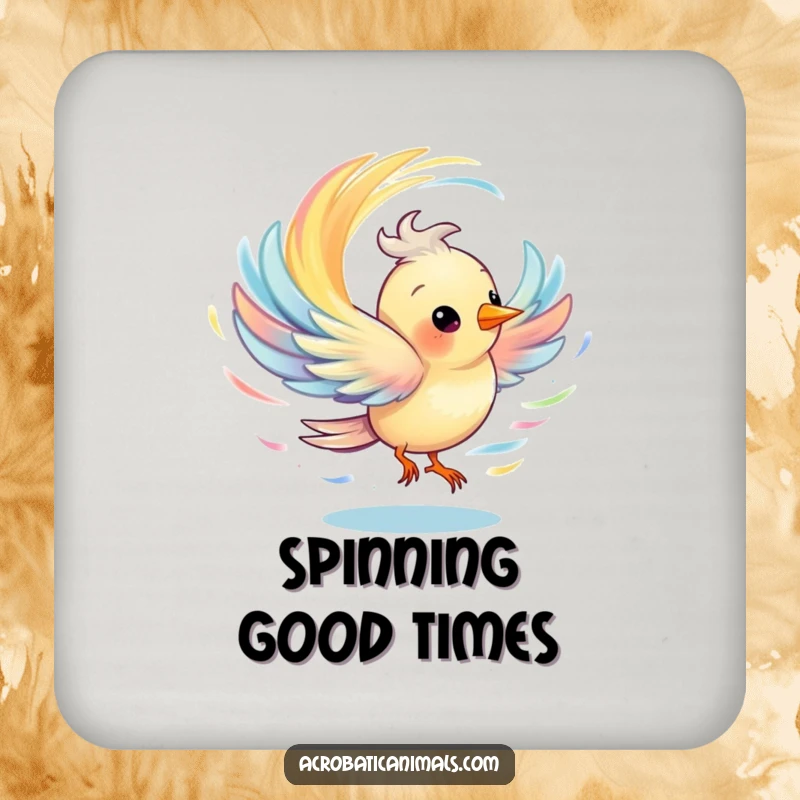 Funny drink coaster featuring a bird spinning to produce a colorful whirlwind, adding unique charm to any setting.