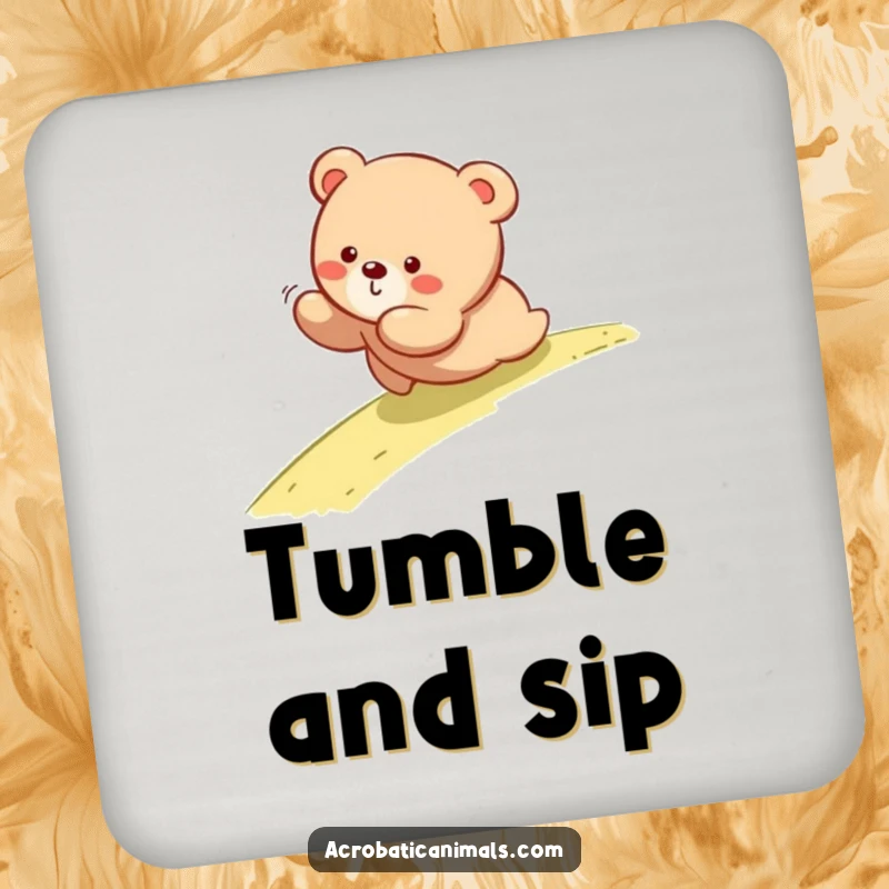 Funny drink coaster with a bear cub rolling down a slope, adding a cute and humorous touch to any table.