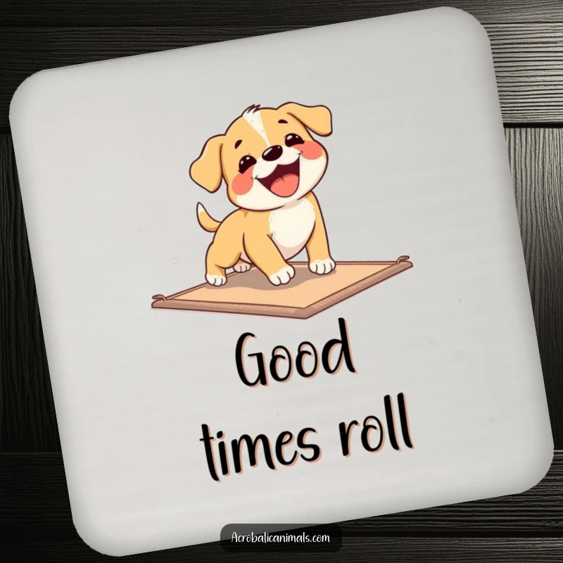 Funny Puppy Tumbles Coaster featuring a goofy puppy doing a funny roll, protecting surfaces with charm and humor.