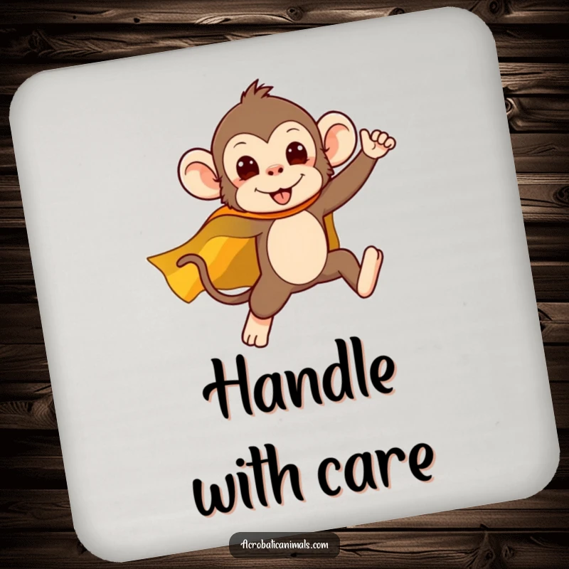 Funny coaster featuring a silly monkey superhero in a cape, mid-leap, ready to catch drips and add a smile.