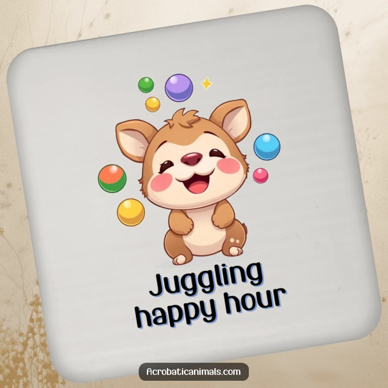 Funny drink coaster depicting a playful animal skillfully juggling colorful balls on its nose, perfect for protecting surfaces with a comedic touch.