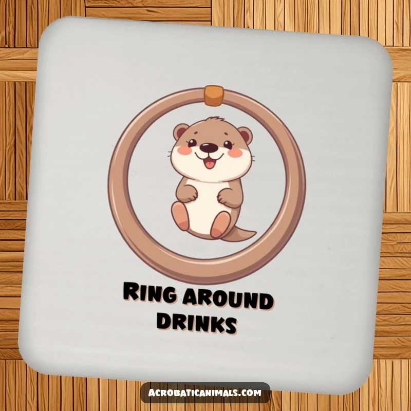 Funny drink coaster with a smiling otter swinging from a ring, adding a touch of humor to beverage protection.
