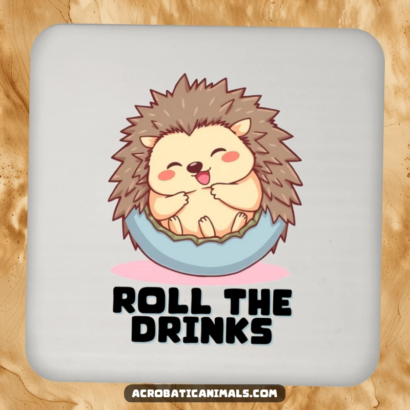Funny drink coaster featuring a giggling hedgehog rolling into a ball, adding adorable humor to surface protection.