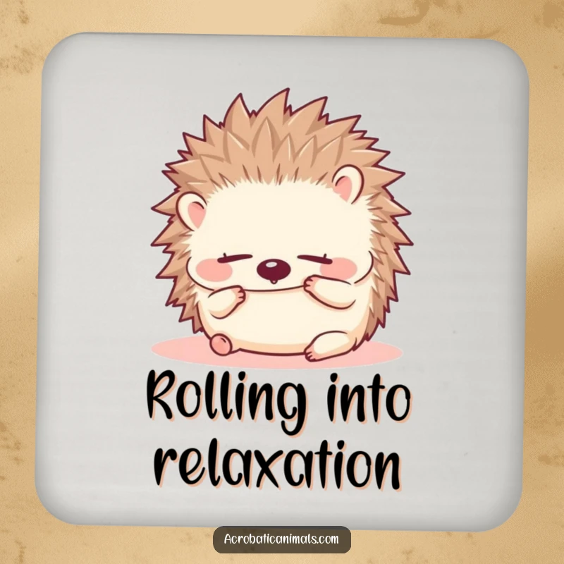 Funny hedgehog drink coasters showing a small, fluffy hedgehog doing a forward roll with eyes closed, adding cute character to your table.