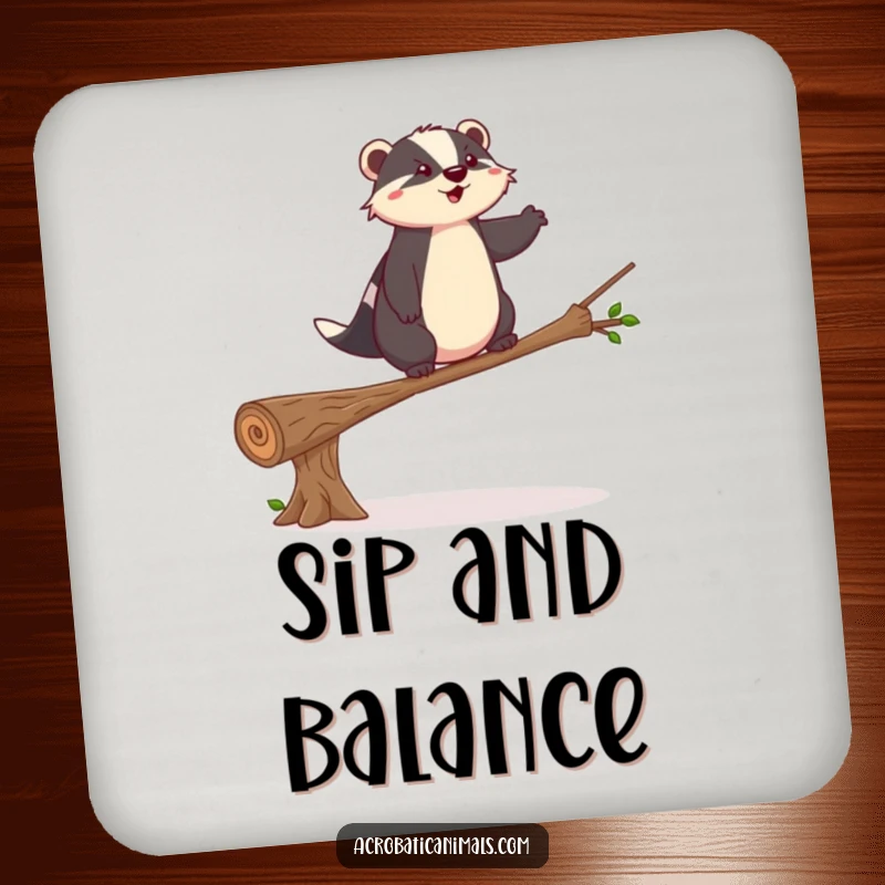 Funny badger coaster featuring a balancing act, adding calm and humor to surfaces, a unique funny gift.
