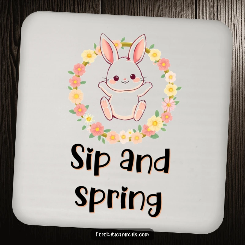 Funny bunny coasters featuring a fluffy rabbit leaping through a flower hoop, adding charm and humor to any table.