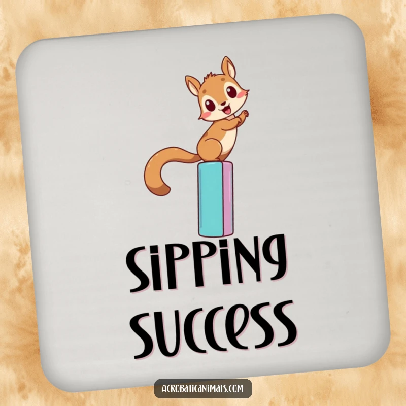 Funny squirrel climbing coaster, showing a determined squirrel ascending a colorful bar. Protects surfaces with humorous, ambitious flair.