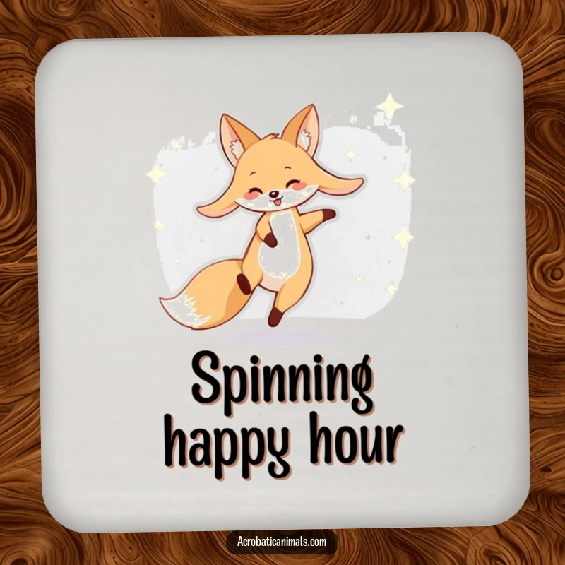 Funny fox coasters featuring a smiling fox cartwheeling across a starry background, adding charm and humor to any table.
