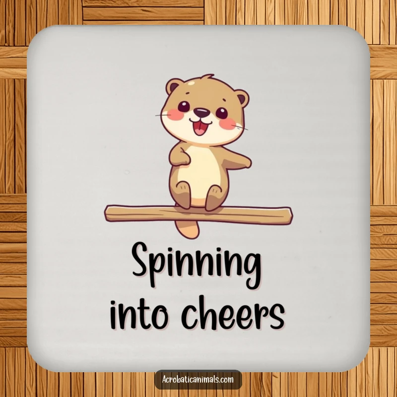 Funny coaster with a delighted otter spinning on a beam, offering protection and a dose of aquatic playful humor. Excellent gift.