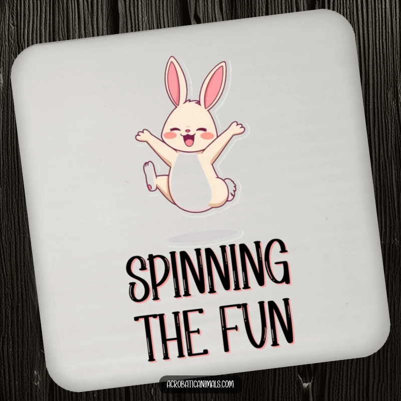 Funny bunny doing a cartwheel on a protective drink coaster, adding a cheerful and playful element to beverage placement.