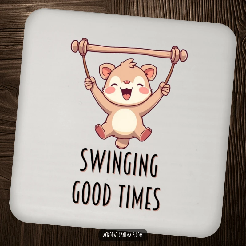 Funny drink coaster depicting a delighted animal swinging joyfully, perfect for protecting surfaces while adding a splash of humor.