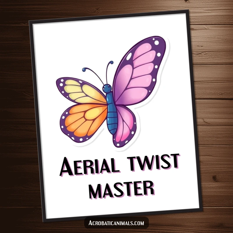 Funny butterfly poster depicting a vibrant butterfly performing a graceful aerial twist, offering elegant and humorous wall art.