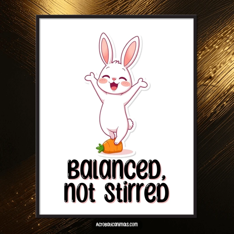 Funny poster showcasing a delighted rabbit character expertly doing a handstand on a miniature carrot, capturing a moment of pure joy.