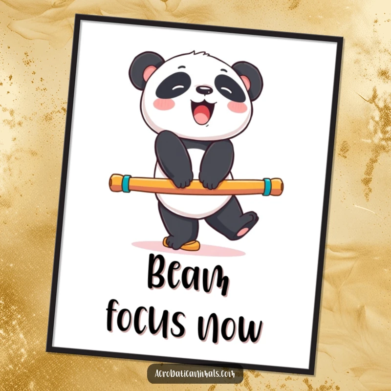 Funny panda bear poster of a giggling bear balancing on a colorful exercise beam, adding humor to walls, a great funny gift.