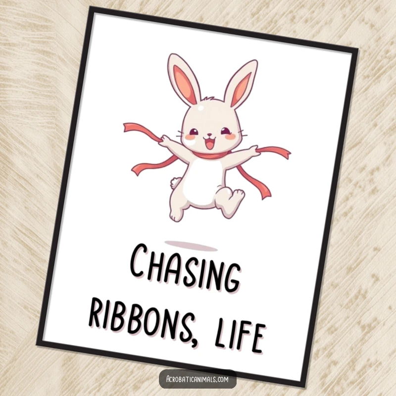 Funny Bunny Poster: A cute bunny character gracefully high jumps with a ribbon, perfect wall art for humor.