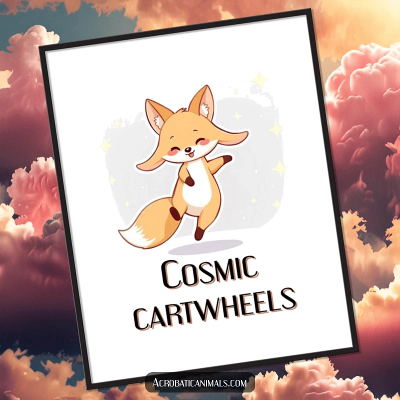 Funny fox poster depicting a smiling fox with long ears cartwheeling through a star-filled night sky, a whimsical piece.