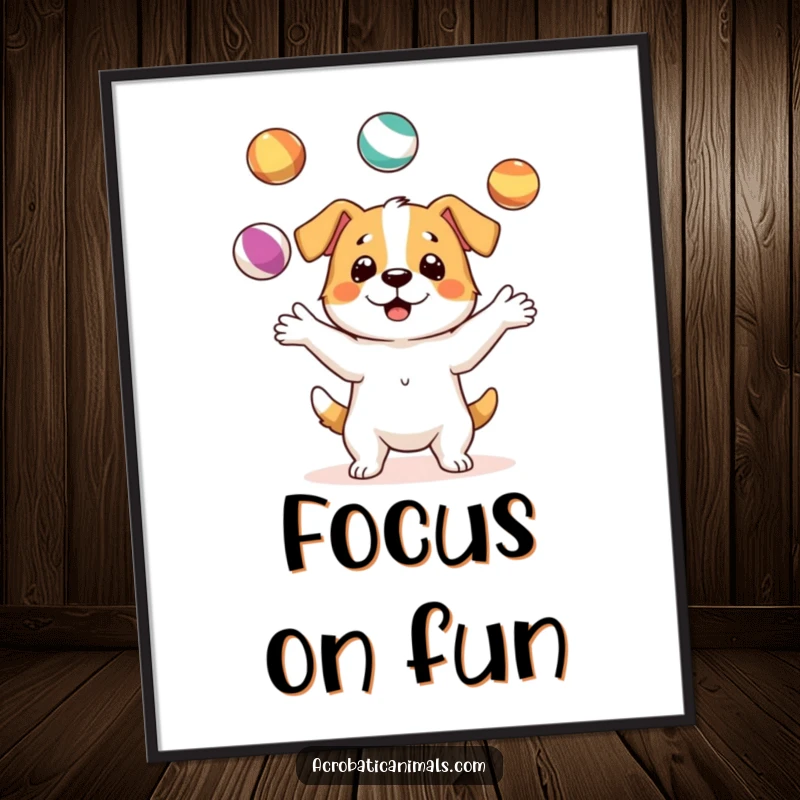 Funny poster illustrating a talented dog character in the act of juggling three colorful balls, creating a lively and humorous scene.
