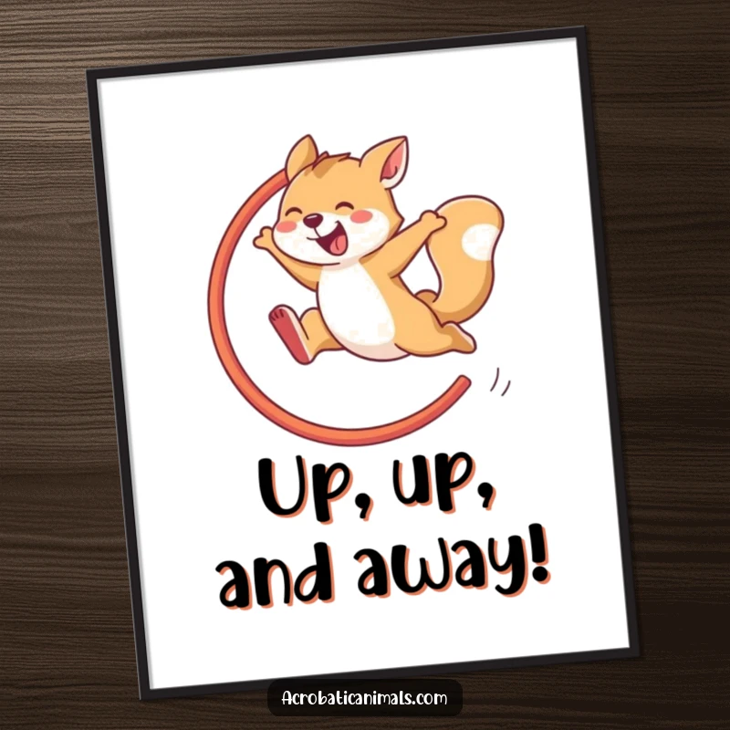 Funny poster featuring an agile animal performing a thrilling hoop jump, radiating pure joy and athletic, hilarious, and delightful energy.