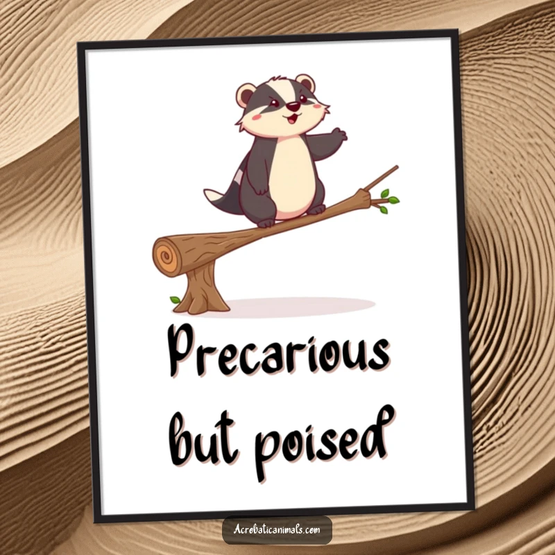 Funny badger poster depicting a tightrope walk on a log, a visually striking and inspiring piece, a great funny gift.
