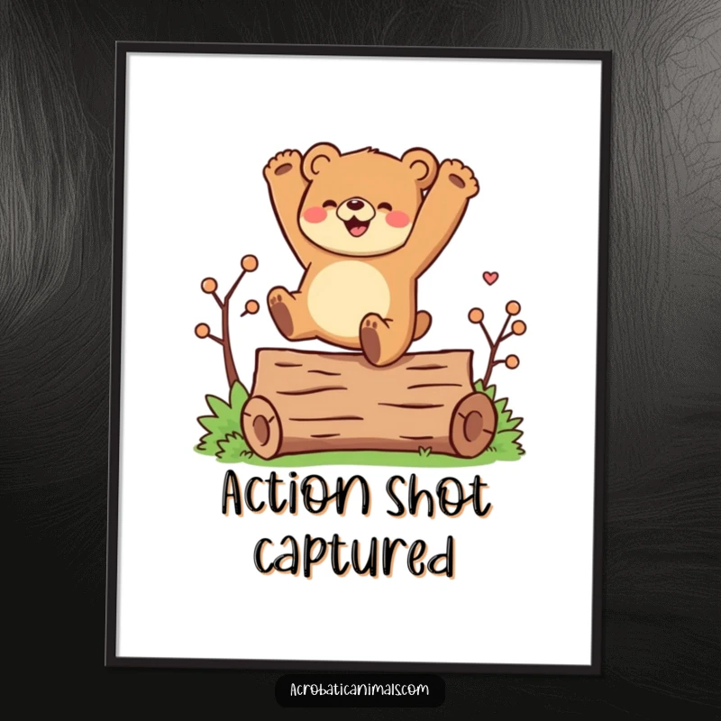 Funny poster of a joyful bear character mid-cartwheel over a log, capturing pure athletic bliss and a happy spirit.