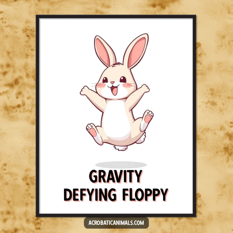Funny poster showcasing a bouncy bunny in a flawless somersault, radiating happiness and athletic grace.