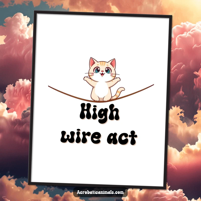 Funny poster of a surprised cat character carefully balancing on a tightrope, conveying a moment of comical suspense and feline acrobatics.