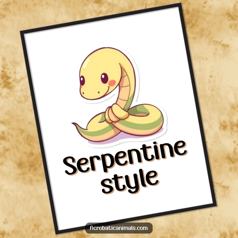 Funny poster art of a snake character tied into a playful knot, showcasing flexibility and humorous design.