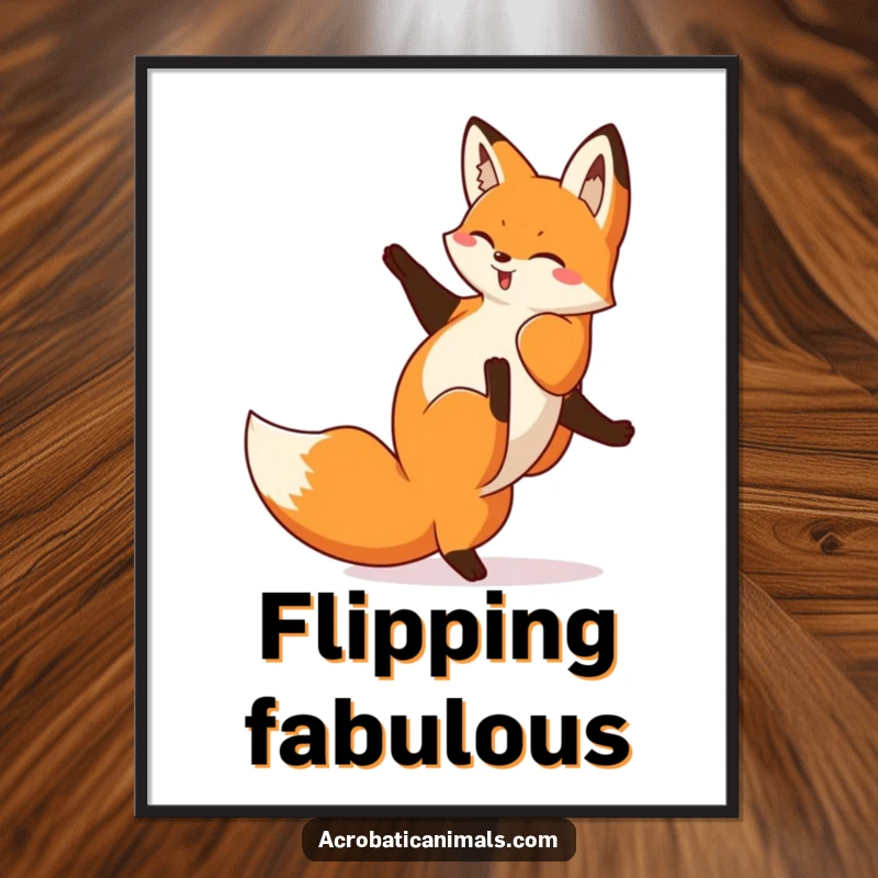 Funny Fox Cartwheel Poster: A playful fox performing a flawless cartwheel, wall art designed to bring smiles and a touch of agile fun.
