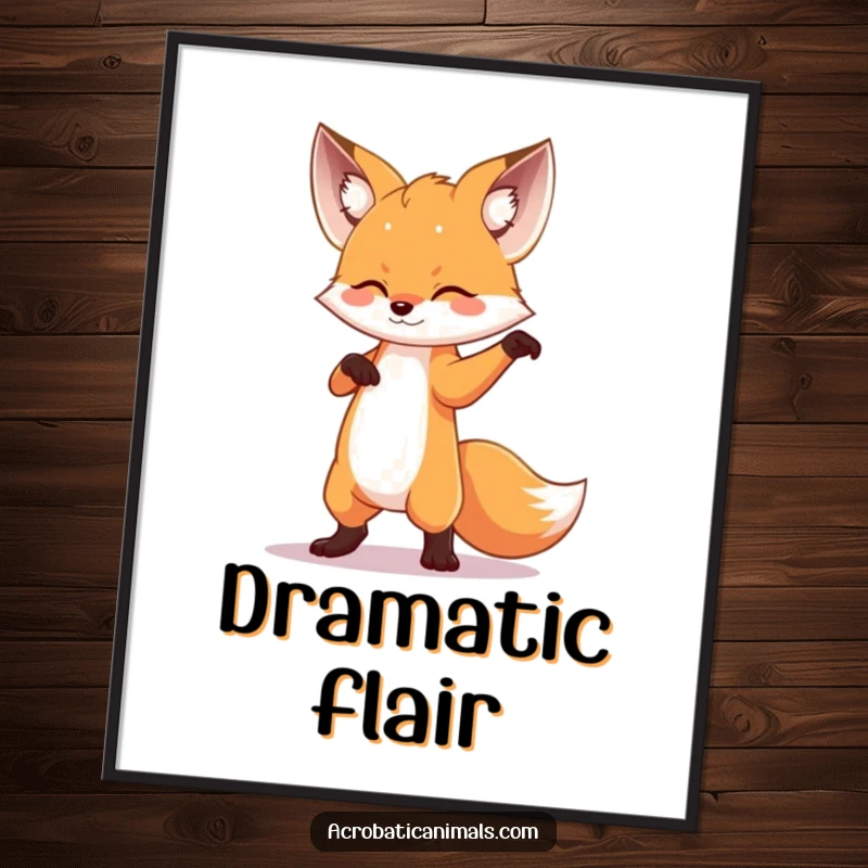 Funny, high-quality poster of a small fox striking a dramatic dance pose, adding a theatrical and humorous touch to any room.