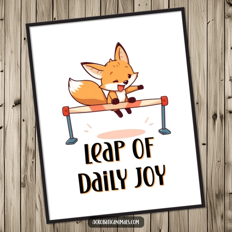 Funny fox poster depicting a determined fox with a wide grin leaping over a hurdle, offering motivational and humorous wall art.