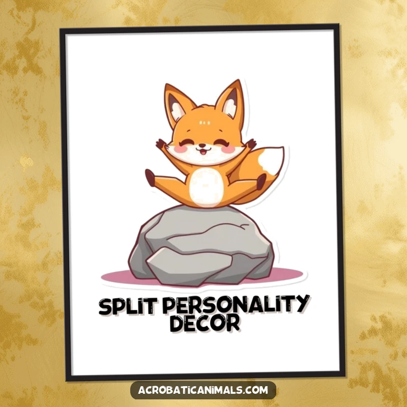 Funny poster of a cheerful fox character in a split on a rock, capturing a moment of playful flexibility and charm.