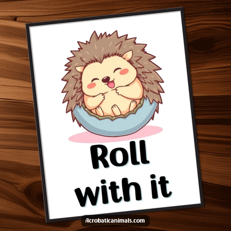 Funny poster art of a giggling hedgehog rolling into a ball, bringing adorable charm and humor to any wall.