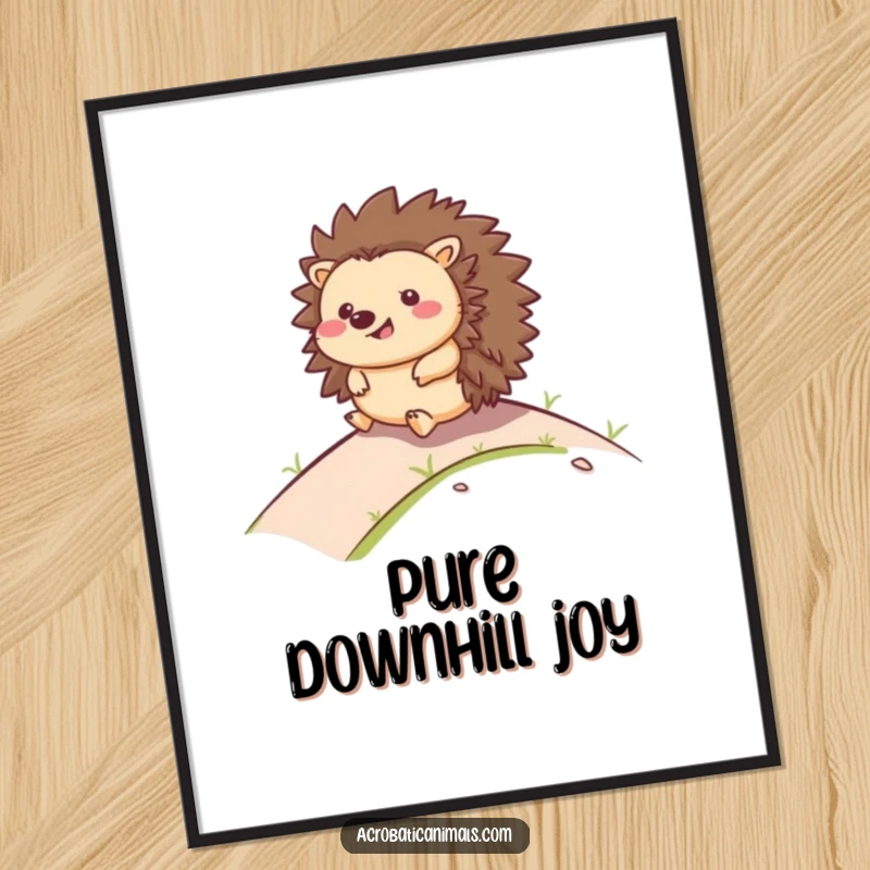 Funny poster showing a happy hedgehog with a wide smile, rolling down a hill, capturing a moment of unadulterated glee.
