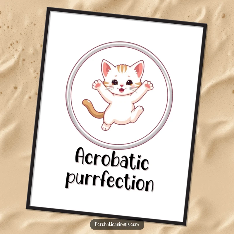 Funny Kitten Hula Hoop Poster showcasing a determined kitten mid-hula hoop jump, adding a burst of playful energy to any wall.