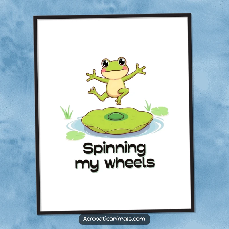 Funny poster illustrating a dynamic frog character mastering a balance on a wildly spinning lily pad, evoking playful energy.