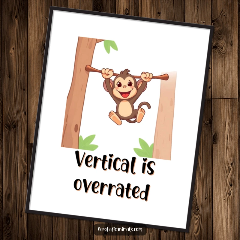 Funny poster of an energetic monkey swinging from a high bar, capturing motion and wild fun for vibrant wall decor. Perfect gift.