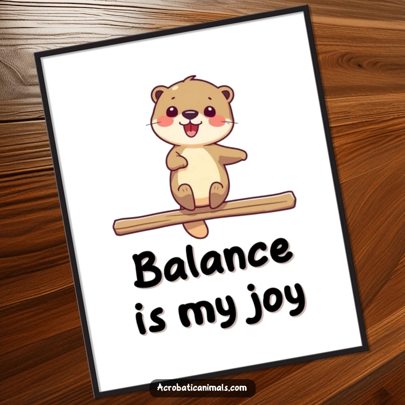 Funny poster showcasing a delighted otter spinning on a beam, capturing grace and playful aquatic humor for charming decor. Perfect gift.
