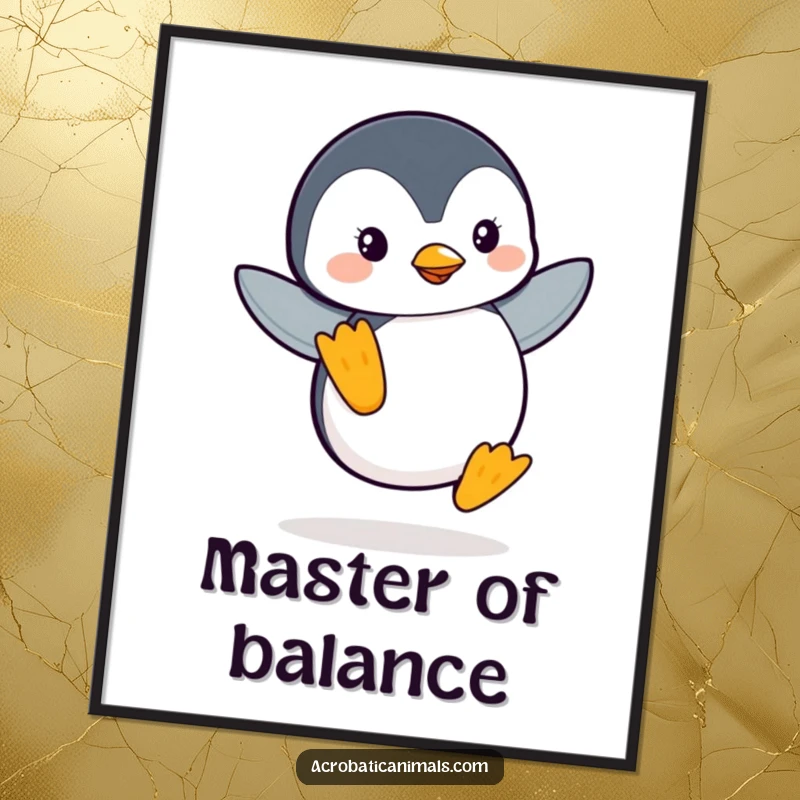 Funny Penguin Flipper Balance Poster: A leaping penguin gracefully balancing on one flipper, wall art designed to bring smiles and a touch of whimsy.