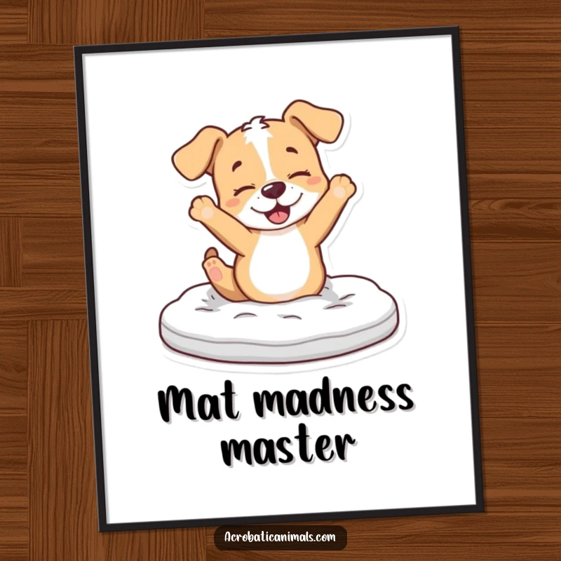Funny Puppy Poster: A playful puppy character is dramatically flipping over a foam mat, embodying pure fun.